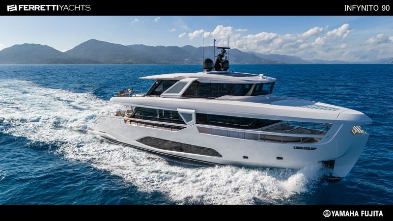 フェレッティ INFYNITO 90 Ferretti Yachts初のクローズドデッキモデル（内装：classic）　新艇予約受付中!!