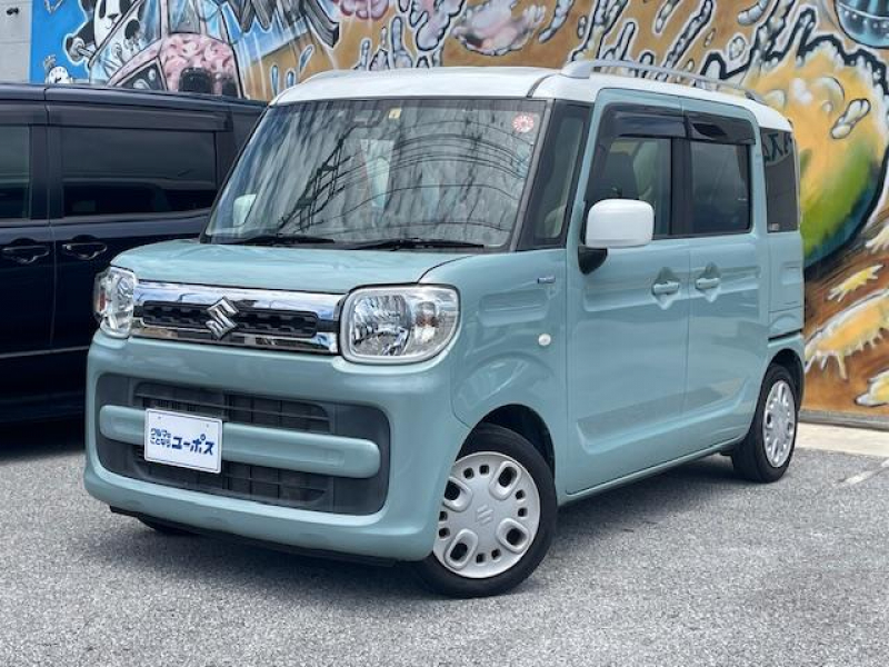 スズキ スペーシア ハイブリッドXツートンルーフパッケージ　OP5年保証対象車両　社外メモリーナビ（CD／DVD／Bluetooth／フルセグ）バックモニター　クリアランスソナー　オートライト　レザー調シートカバー　ETC