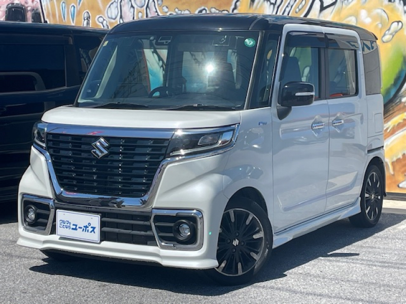 スズキ スペーシア カスタム　	ハイブリッドXS　両側パワースライドドア　スマートアシスト　アイドリングストップ　運転席側シートヒーター　ステアリングスイッチ　クリアランスソナー　社外ナビ（CD／Bluetooth／フルセグ）　ETC　保証プランあり